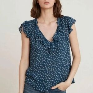 Velvet by Graham & Spencer Navy Floral Ruffle Top Shirt Blouse Womens M Medium
